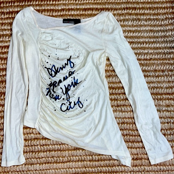 DKNY Jeans sheered printed fine Cotten rhinestone high low boatneck T-shirt - Picture 1 of 11
